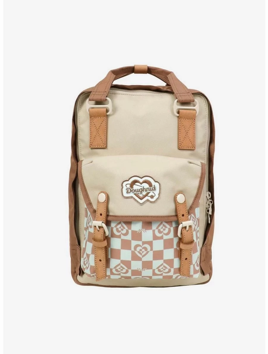 "Kaleido Mushroom Checkered Backpack - Stylish Doughnut Macaroon Design for School & Travel"